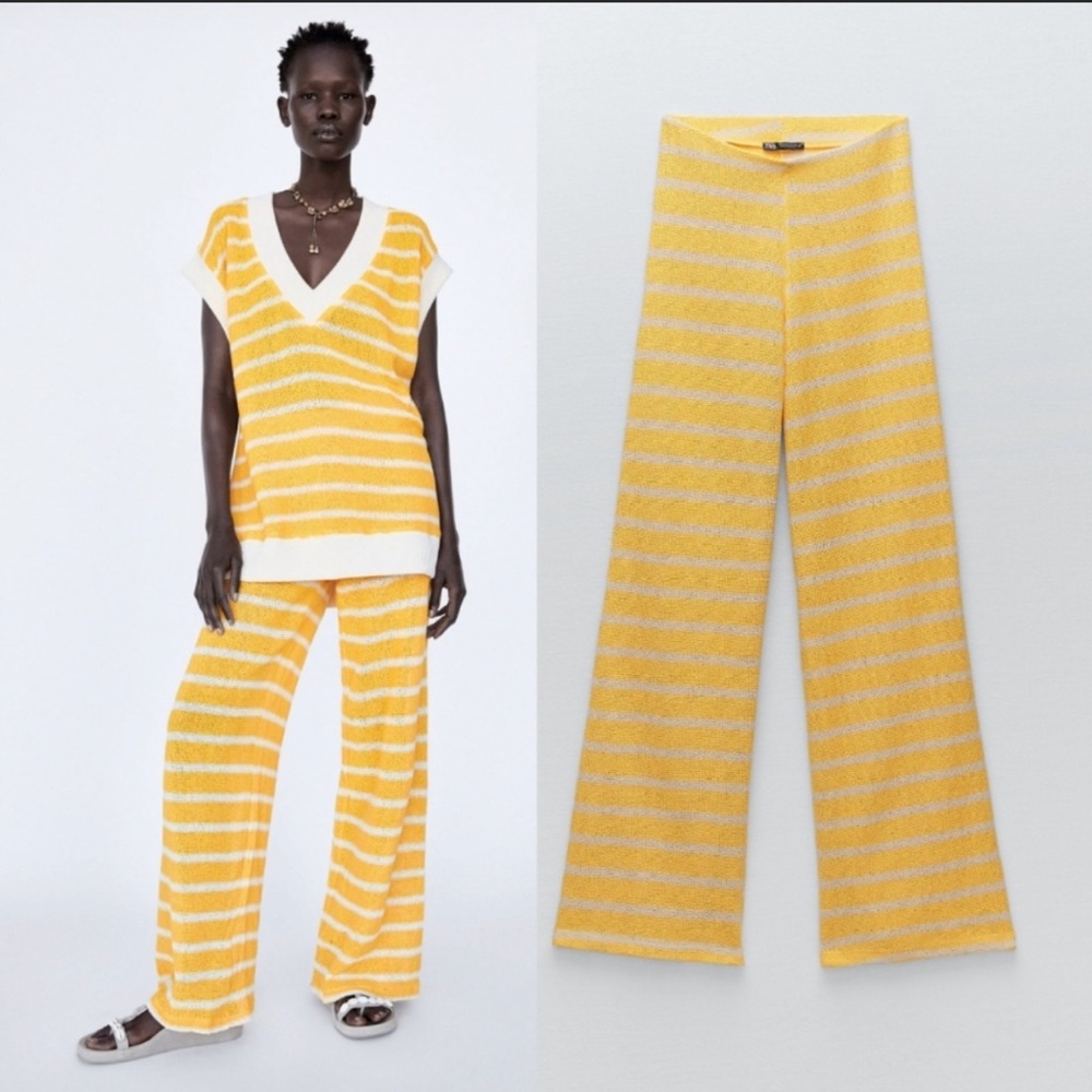 Zara SET knit yellow white striped wide leg pants and sleeveless top 2 Pc Small